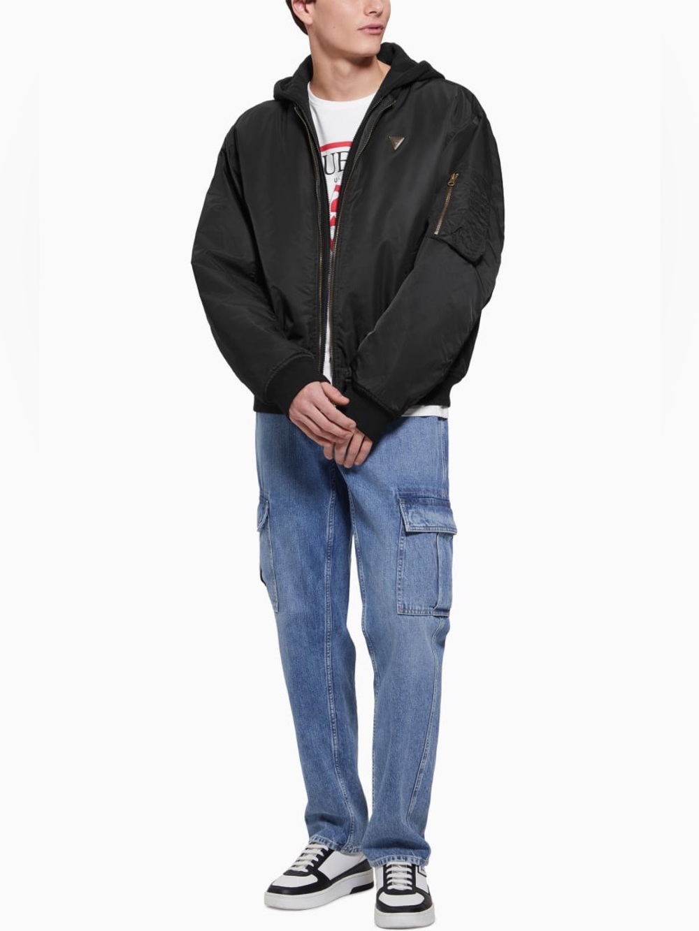 GUESS Men’s Hooded Bomber Jacket Jet Black Size Medium NWT Flaw - Picture 12 of 12